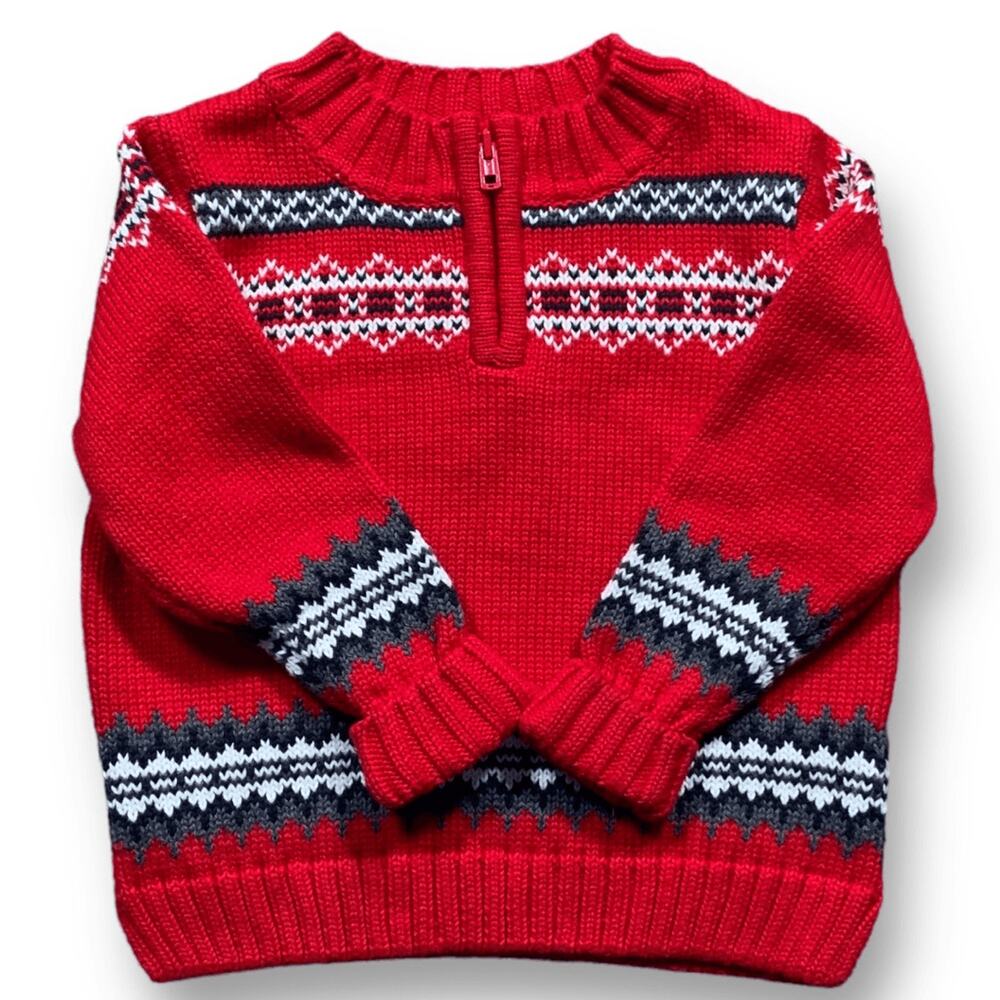 Infant Lands End Sweater Red Fair Isle Quarter Zip Mock Neck Knit Size 18 Months
